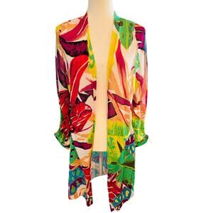 Chicos Top Duster Coverup Colorful Tropical Floral Print Resort Beach Large